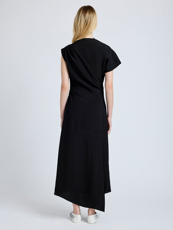 Proenza Schouler Back full length image of model wearing Hallie Dress in Hammered Viscose in Black
