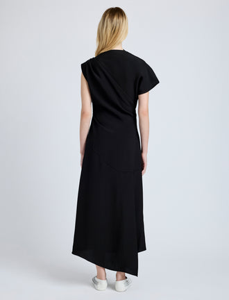Proenza Schouler Back full length image of model wearing Hallie Dress in Hammered Viscose in Black