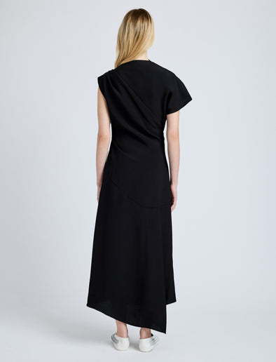 Proenza Schouler Back full length image of model wearing Hallie Dress in Hammered Viscose in Black