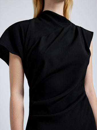 Proenza Schouler Detail image of model wearing Hallie Dress in Hammered Viscose in Black