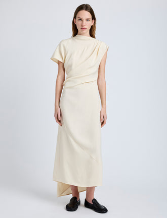 Proenza Schouler Front full length image of model wearing Hallie Dress in Hammered Viscose in Champagne