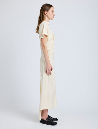 Proenza Schouler Side full length image of model wearing Hallie Dress in Hammered Viscose in Champagne