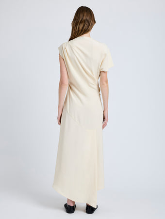 Proenza Schouler Back full length image of model wearing Hallie Dress in Hammered Viscose in Champagne