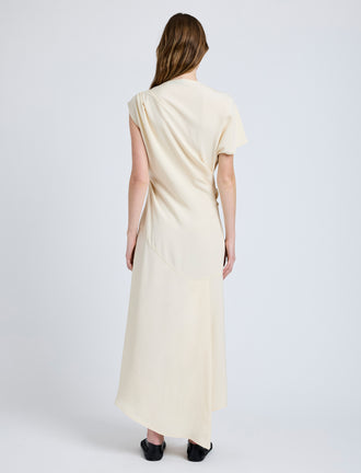Proenza Schouler Back full length image of model wearing Hallie Dress in Hammered Viscose in Champagne