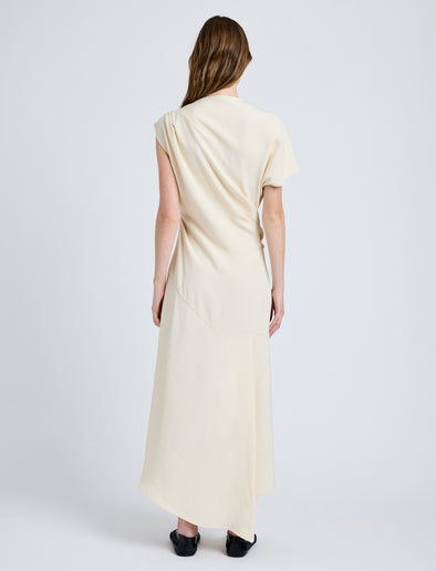 Proenza Schouler Back full length image of model wearing Hallie Dress in Hammered Viscose in Champagne