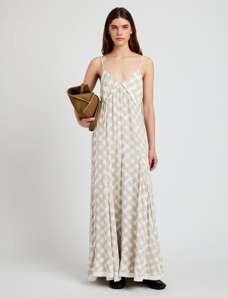 Proenza Schouler Front full length image of model wearing June Dress in Printed Crepe De Chine in Oyster Multi