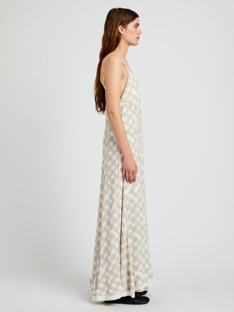 Proenza Schouler Side full length image of model wearing June Dress in Printed Crepe De Chine in Oyster Multi