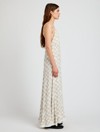 Proenza Schouler Side full length image of model wearing June Dress in Printed Crepe De Chine in Oyster Multi