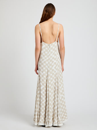 Proenza Schouler Back full length image of model wearing June Dress in Printed Crepe De Chine in Oyster Multi