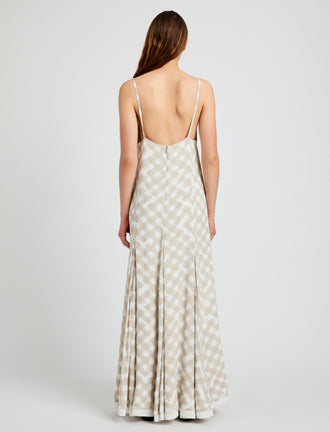 Proenza Schouler Back full length image of model wearing June Dress in Printed Crepe De Chine in Oyster Multi