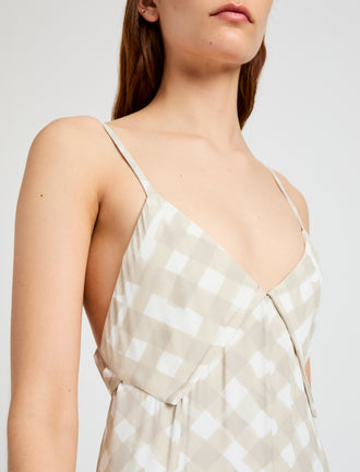 Proenza Schouler Detail image of model wearing June Dress in Printed Crepe De Chine in Oyster Multi