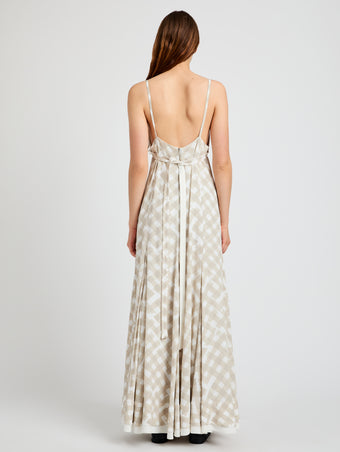 Proenza Schouler Back full length image of model wearing June Dress in Printed Crepe De Chine in Oyster Multi