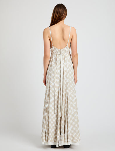 Proenza Schouler Back full length image of model wearing June Dress in Printed Crepe De Chine in Oyster Multi