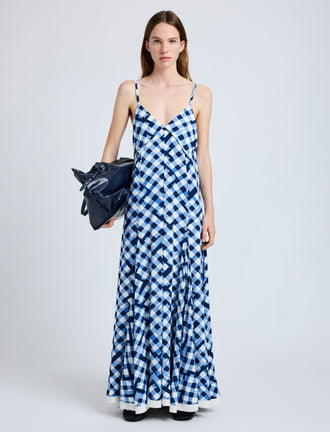 Proenza Schouler Front full length image of model wearing June Dress in Printed Crepe De Chine in Dark Navy Multi