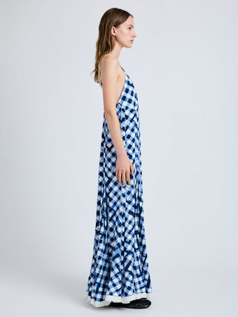 Proenza Schouler Side full length image of model wearing June Dress in Printed Crepe De Chine in Dark Navy Multi