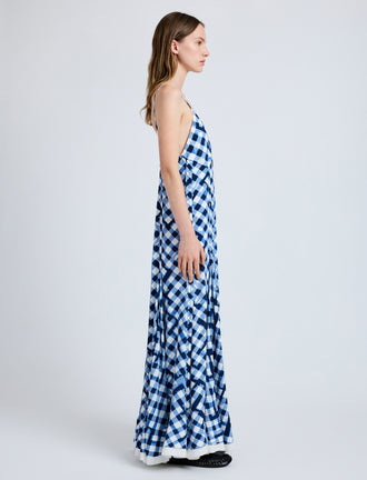 Proenza Schouler Side full length image of model wearing June Dress in Printed Crepe De Chine in Dark Navy Multi