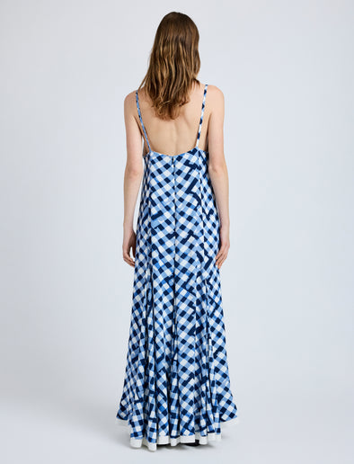 Proenza Schouler Back full length image of model wearing June Dress in Printed Crepe De Chine in Dark Navy Multi