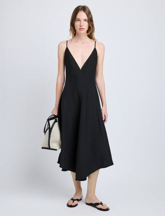 Proenza Schouler Front full length image of model wearing Elaine Dress in Cotton Viscose Linen in Black