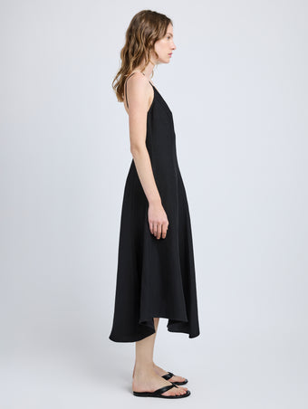 Proenza Schouler Side full length image of model wearing Elaine Dress in Cotton Viscose Linen in Black