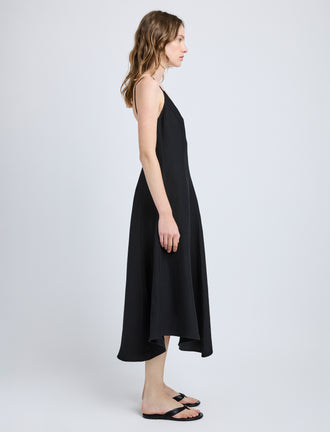 Proenza Schouler Side full length image of model wearing Elaine Dress in Cotton Viscose Linen in Black