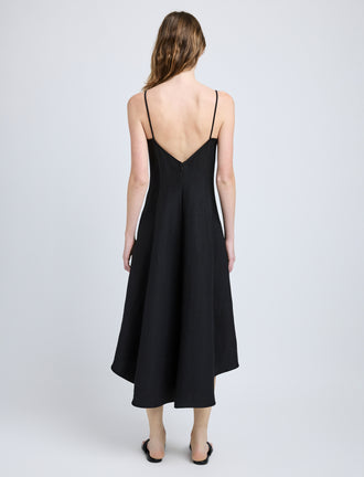 Proenza Schouler Back full length image of model wearing Elaine Dress in Cotton Viscose Linen in Black