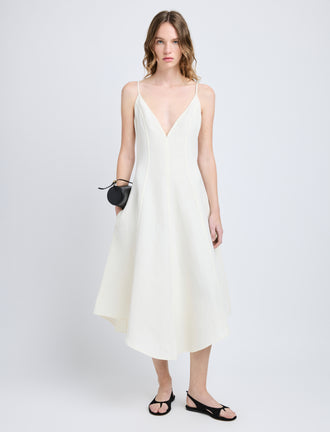 Proenza Schouler Front full length image of model wearing Elaine Dress in Cotton Viscose Linen in Ecru