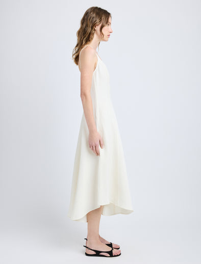 Proenza Schouler Side full length image of model wearing Elaine Dress in Cotton Viscose Linen in Ecru