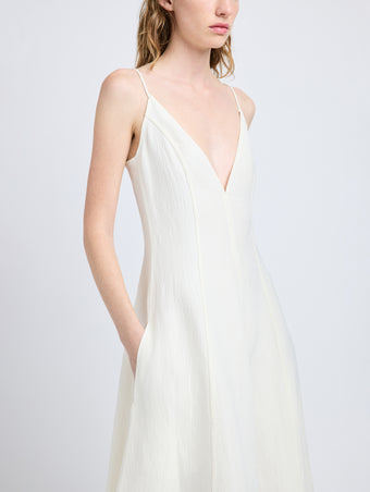 Proenza Schouler Detail image of model wearing Elaine Dress in Cotton Viscose Linen in Ecru