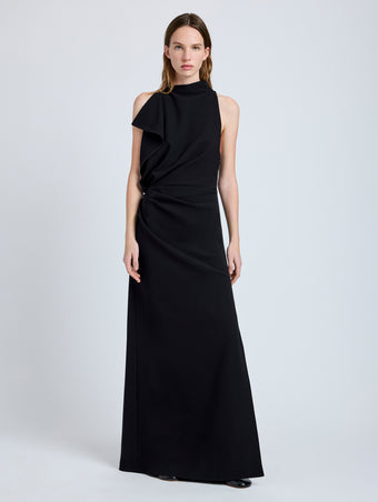 Proenza Schouler Front full length image of model wearing Devyn Dress in Matte Double Crepe in Black