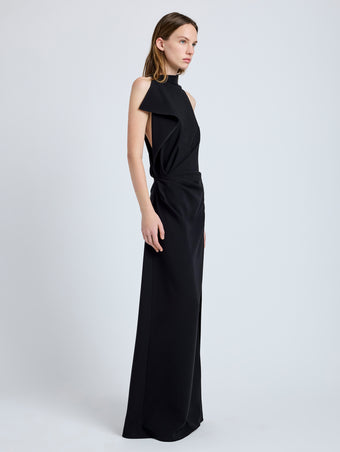 Proenza Schouler Side full length image of model wearing Devyn Dress in Matte Double Crepe in Black