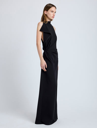 Proenza Schouler Side full length image of model wearing Devyn Dress in Matte Double Crepe in Black