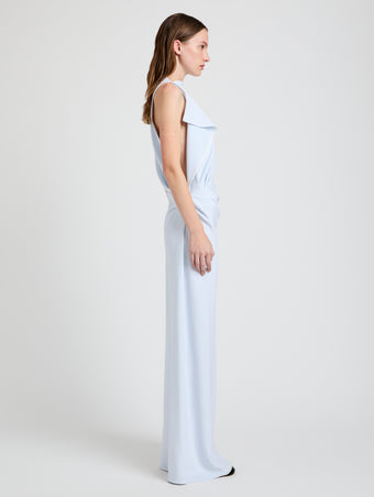 Proenza Schouler Side full length image of model wearing Devyn Dress in Matte Double Crepe in Powder Blue