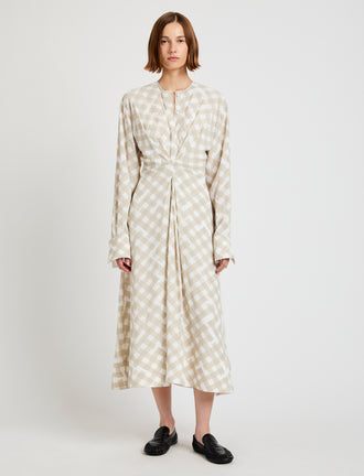 Proenza Schouler Front full length image of model wearing Keria Dress in Printed Crepe De Chine in Oyster Multi