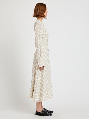 Proenza Schouler Side full length image of model wearing Keria Dress in Printed Crepe De Chine in Oyster Multi
