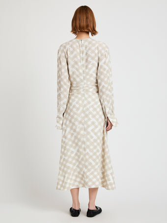 Proenza Schouler Back full length image of model wearing Keria Dress in Printed Crepe De Chine in Oyster Multi