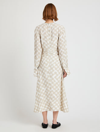 Proenza Schouler Back full length image of model wearing Keria Dress in Printed Crepe De Chine in Oyster Multi