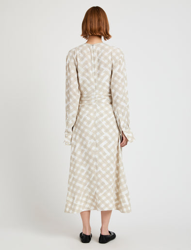 Proenza Schouler Back full length image of model wearing Keria Dress in Printed Crepe De Chine in Oyster Multi