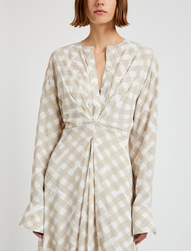 Proenza Schouler Detail image of model wearing Keria Dress in Printed Crepe De Chine in Oyster Multi