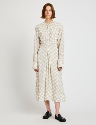 Proenza Schouler Front full length image of model wearing Keria Dress in Printed Crepe De Chine in Oyster Multi buttoned up