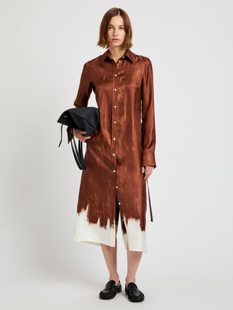 Proenza Schouler Front full length image of model wearing Amaya Dress in Double Printed Silk Twill in Sienna Multi