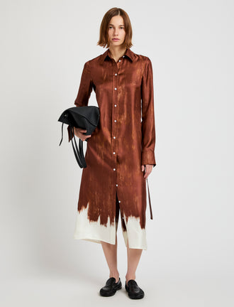 Proenza Schouler Front full length image of model wearing Amaya Dress in Double Printed Silk Twill in Sienna Multi