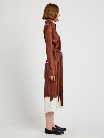 Proenza Schouler Side full length image of model wearing Amaya Dress in Double Printed Silk Twill in Sienna Multi