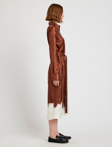 Proenza Schouler Side full length image of model wearing Amaya Dress in Double Printed Silk Twill in Sienna Multi