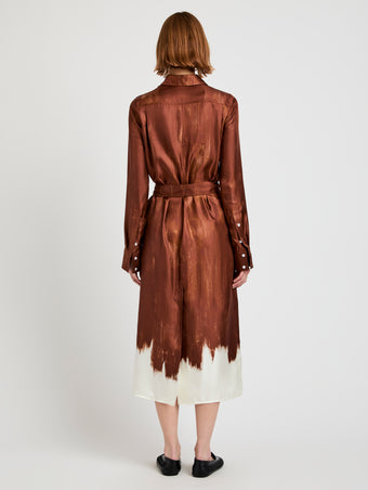 Proenza Schouler Back full length image of model wearing Amaya Dress in Double Printed Silk Twill in Sienna Multi