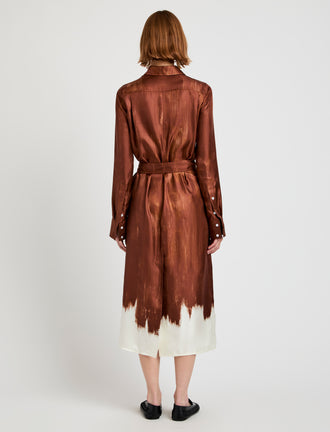 Proenza Schouler Back full length image of model wearing Amaya Dress in Double Printed Silk Twill in Sienna Multi