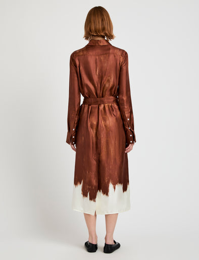 Proenza Schouler Back full length image of model wearing Amaya Dress in Double Printed Silk Twill in Sienna Multi