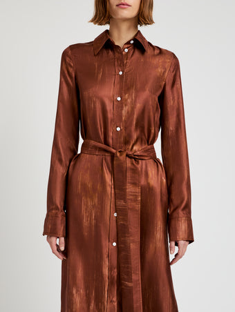 Proenza Schouler Detail image of model wearing Amaya Dress in Double Printed Silk Twill in Sienna Multi