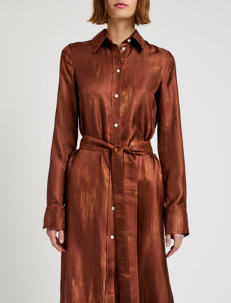 Proenza Schouler Detail image of model wearing Amaya Dress in Double Printed Silk Twill in Sienna Multi