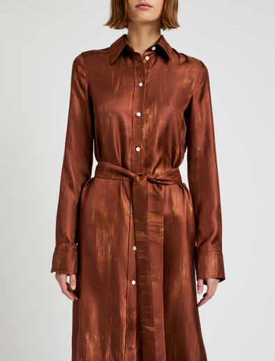 Proenza Schouler Detail image of model wearing Amaya Dress in Double Printed Silk Twill in Sienna Multi