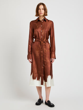 Proenza Schouler Front full length image of model wearing Amaya Dress in Double Printed Silk Twill in Sienna Multi